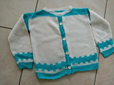 GILET  FILLE  6/8 ANS LAINE TRICOT MAIN  AIGUILLES BI COLORE  BLEU BLANC - Photo 1/4