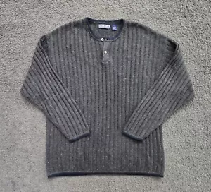 Vintage Sweater Men's Large Knit Textured Striped Henley Pullover Grandpa 90s - Picture 1 of 6