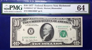1977 $10 Federal Reserve Note Fr-2023-E* Richmond PMG64 Choice UNC - Picture 1 of 4