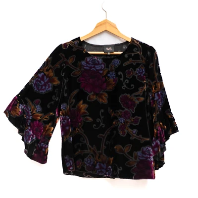 Blusa boho manga campana W5 Anthropologie Top para mujer S negra floral terciopelo quemado Foto 1 de 4