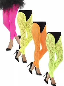 Ladies 1980s Lace Leggings Neon Madonna Fancy Dress Costume Accessory - Picture 1 of 4