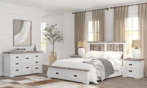 JAXON SOLID ACACIA 4 PIECE BEDROOM SUITE QUEEN BED DRESSER 2 BEDSIDES WHITE - Picture 1 of 8