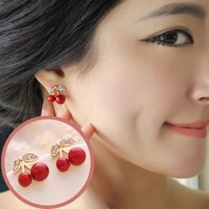 Drop Earrings Red Cherry Dangle Crystal Leaf Elegant Vintage Unique Womens Gift - Picture 1 of 8