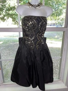 Jessica Mclintock Gunne SAX Black gold Sequin Evening Party Dress Huge Back Bow - Picture 1 of 13