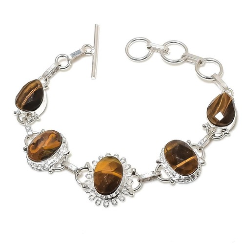 VALENTINO Bracciale gioiello in argento sterling 925 fatto a mano con pietre preziose occhio di tigre marrone misura 7 8"