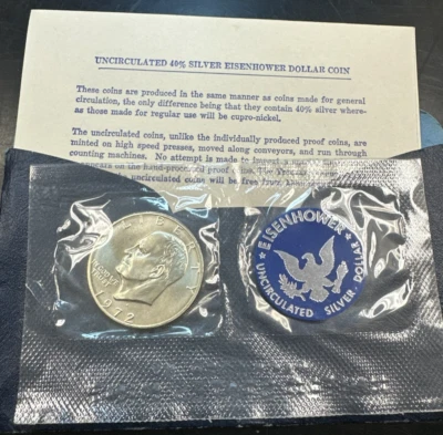 1972 S Eisenhower 40% Silver Dollar US Coin Blue envelope Uncirculated - Image 1 of 4