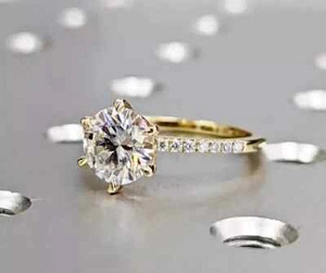 2Ct Natural Moissanite Round cut Women's Engagement Ring 14K Yellow Gold Plated - Picture 1 of 3
