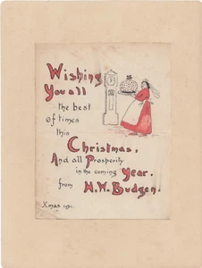 1911 hand drawn Christmas / New Year picture from H W Budgen - Picture 1 of 1