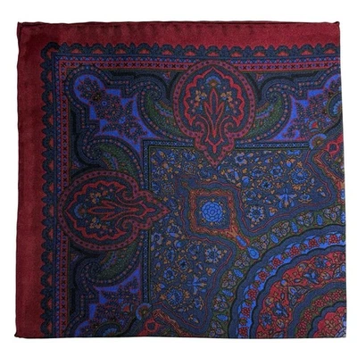 Burgundy & Blue Geometric Floral Ancient Madder Silk Pocket Square (Hand-Rolled) - Image 1 of 4