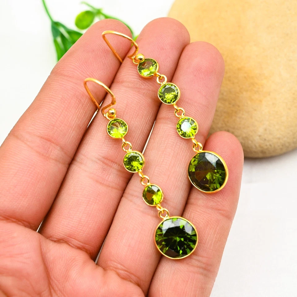 Dainty Peridot Gemstone Dangle Earring 925 Sterling Silver Handmade Jewelry Gift - Image 1 of 4