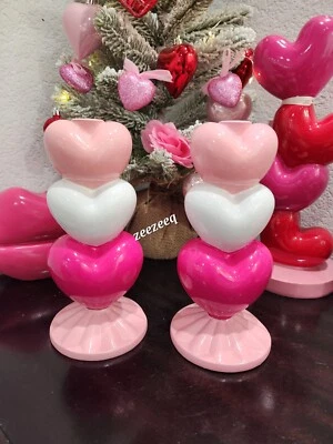 Valentines Day Pink Hearts Resin Candle Holders Set Tabletop decor 9" NEW - Image 1 of 3
