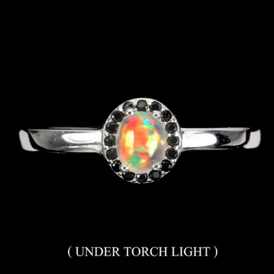 925 Anello Argento Sterling Ovale Fuoco Opale Nero Spinello Gemma Gioielli - Immagine 1 di 4