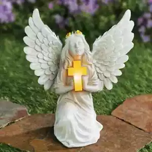 Beautiful Kneeling Angel with Solar Lighted Cross Outdoor Garden Statue - Picture 1 of 1
