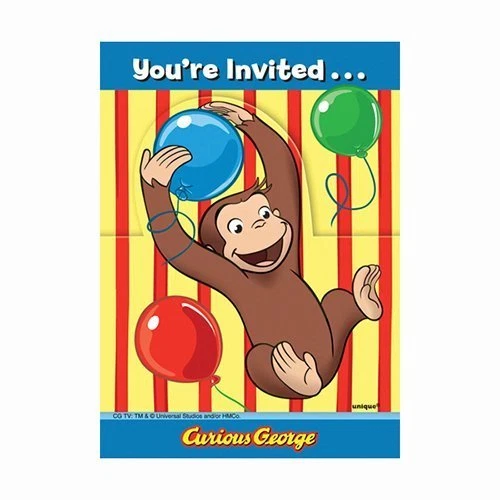 8 Curious George Balloons Invited Unique Party Paper Invitations with Envelopes