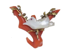 14K Gold ReefCoral Diamond & Pearl Bird on a Branch Pin - Picture 1 of 6