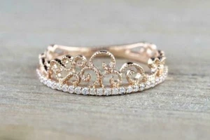 1.20 Ct Round Simulated Diamond Crown Engagement Ring 14k Rose Gold Plated - Picture 1 of 4