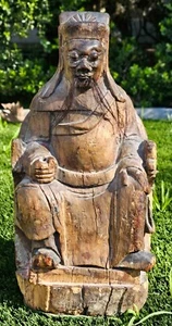 Antique Chinese Carved Elm Wood Polychrome Seated Caishen God Of Wealth 19th c - Picture 1 of 13