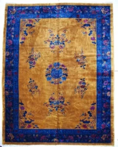 #6780 Antique Mandarin Chinese Art Deco Rug Carpet Gold & Blue 9’11” x 12’10” - Picture 1 of 6