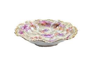 Porcelain Lusterware Handpainted Pink Floral Trinket Bowl Gold Gilt Beaded Trim - Picture 1 of 11