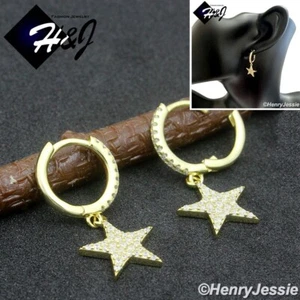 MEN WOMEN 925 STERLING SILVER ICY CZ STAR DANGLE GOLD PLATED HOOP EARRING*GE249 - Picture 1 of 6