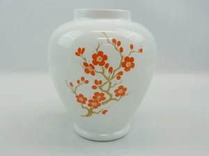 Italian Milk White Glass Round Vase Orange Flowers Brown Stems 7.5” tall - Picture 1 of 9