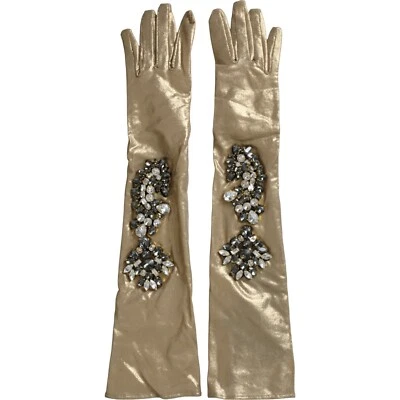 DOLCE & GABBANA Gloves Beige Satin Crystal Elbow Length Mitten 6.5 / XS 2200usd - Image 1 of 4