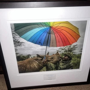 Ami Vitale signierter Wildtierdruck Kamara & Kilifi Nashorn mit Regenschirm Regenbogen Natur - Bild 1 von 6