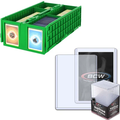BCW 1600 Green Card Bin + 40 (168pt 4.25mm) Thick Toploaders Storage - Image 1 of 4