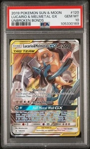 2019 Pokemon Sonne & Mond Unbroken Bonds #120 Lucario & Melmetal GX PSA 10 - Bild 1 von 2