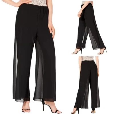 Adrianna Papell Semi Sheer Wide Leg Chiffon Overlay Pants Elastic Waist Black 12 - Image 1 of 4