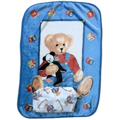 Винтажное детское одеяло Blue Jean Teddy Bear Welcome to the World + простыня для кроватки - Изображение 1 из 4