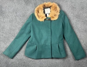 Janie Jack Coat Grils 10 12 Green Equestrian Horse Faux Fur Lined Pleated Buckle - Picture 1 of 14