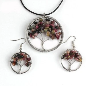 Set Gioielli Albero della Vita Vero Arcobaleno Tormalina Argento Collana Pendente Orecchini - Foto 1 di 4