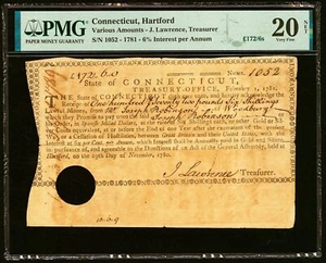 1780's Connecticut Colonial Trerasury Note - Fascinating Colonial Doc - PMG 20 - Picture 1 of 2