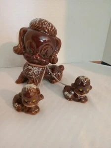 Vintage SONSCO JAPAN Ceramic POODLE ON LEASH with 2 Puppies - Picture 1 of 5