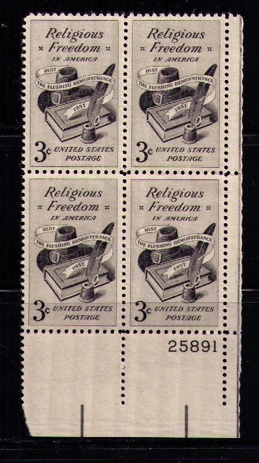 US USA Sc# 1099 MNH FVF PLATE # BLOCK Religious Freedom Bible Quill Pen Ink Hat - Image 1 of 1