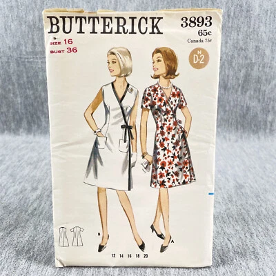 Butterick 3893 Wrap Dress with V Neck Misses Size 16 Vintage Sewing Pattern - Image 1 of 4