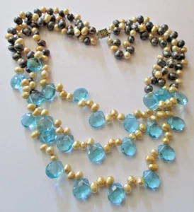 Superbe ancien Collier 3 rangs perles grise beige verre bleu bijou vintage 5797 - Picture 1 of 4