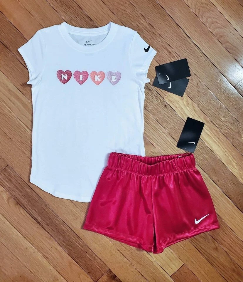 NEW Nike Little Girl Hearts Tee & Satin Short Set, White/Raspberry Pink (sz 4) - Image 1 of 4
