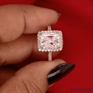 Solid 14K White Gold Moissanite Halo Wedding Engagement Ring  Radiant Cut 3 CT - Picture 1 of 15