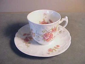 VINTAGE FRENCH LIMOGES PORCELAIN DEMITASSE TEACUP & SAUCER SET - PINK FLORAL - Picture 1 of 8