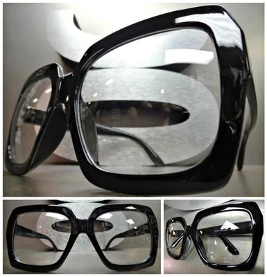 HUGE OVERSIZE 70s VINTAGE Style Clear Lens EYE GLASSES Thick Black Fashion Frame - Image 1 of 4