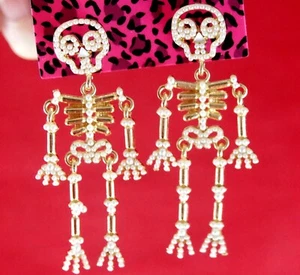 2.5" NEW BETSEY JOHNSON SEED PEARL SKELETON HALLOWEEN DROP DANGLE EARRINGS - Picture 1 of 17