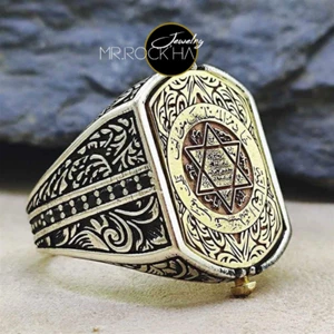 Seal of Solomon,Square Rotating Cover,Engraving,925 Sterling Silver Men's Ring - Picture 1 of 18