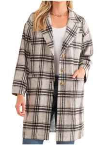 Black Plaid Button Down Coat with Slip Pockets - Picture 1 of 2