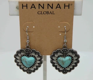 NWT New Hannah Global Heart Faux Turquoise Silver Tone Jewelry Women Earrings - Picture 1 of 3
