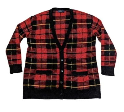 Винтажный Polo Ralph Lauren красный черный Tartan шерсти альпака клетку кардиган свитер большой - Изображение 1 из 4
