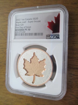 2022 1 Oz. S $20 Canada Maple Leaf Super Incuse Rose Gilt FDI NGC REV PF 70 - Image 1 of 3