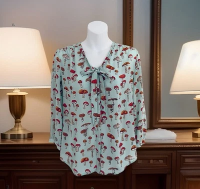 MOULINETTE SOEURS Silk Toadstool Blouse 2 Button Down Mushroom Beads Sequins - Image 1 of 4