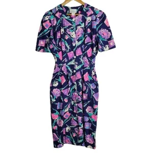 Vintage Periwinkle Dress Womens Size 10 Purple Floral Button Down Cottage Pinup - Picture 1 of 12